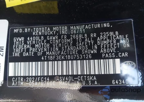 2011 Toyota Camry Se z USA, uszkodzony, nr VIN 4T1BF3EK1BU753126